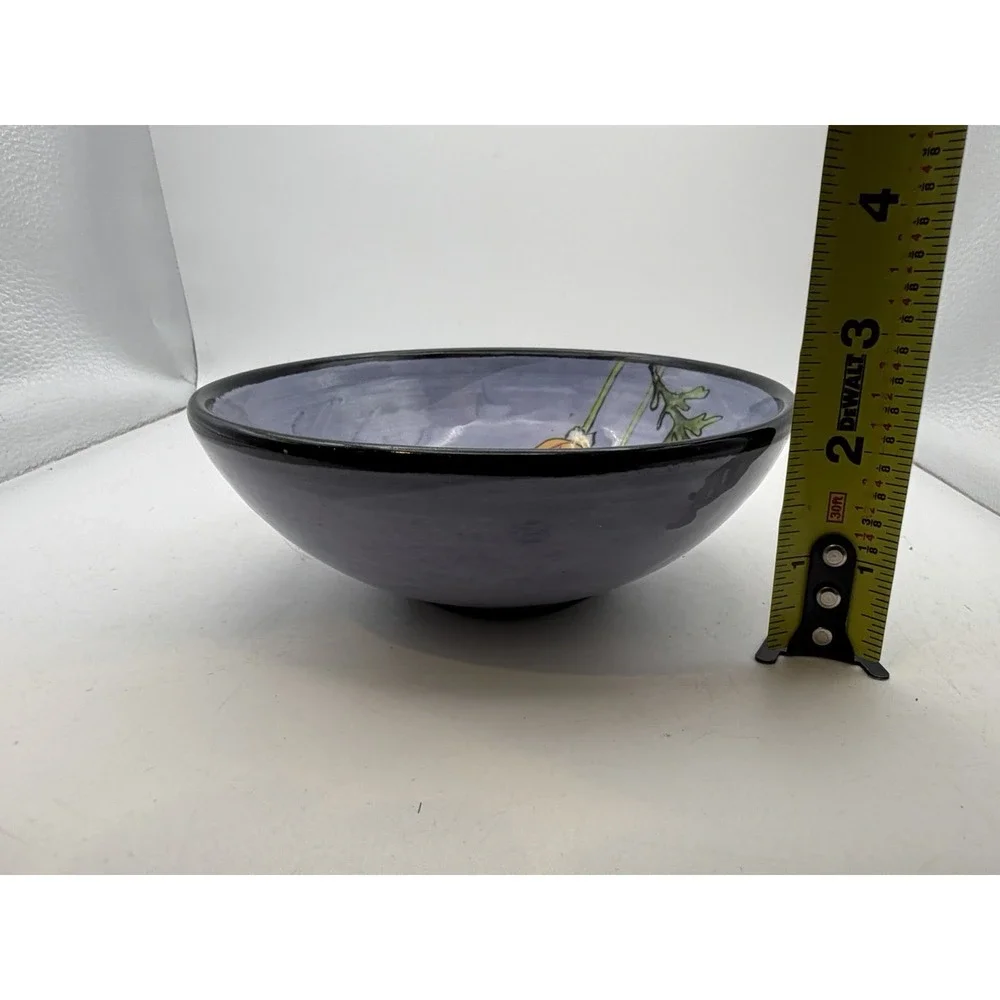 Set of 3 Hand Painted Art Pottery Bowls Purple Poppy Ladybug Signed Studio